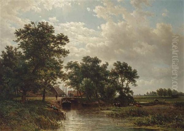 Fishermen Near A River, A Village Beyond Oil Painting by Jan Willem Van Borselen