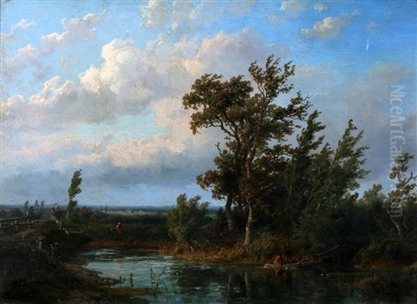 Landschap Met Jongens In Een Roeiboot Oil Painting by Jan Willem Van Borselen