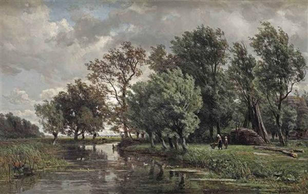 Walking Home Along A River Oil Painting by Jan Willem Van Borselen