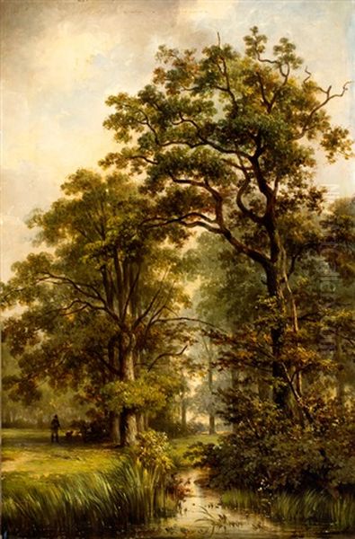 Man Met Hond In Parklandschap Oil Painting by Jan Willem Van Borselen