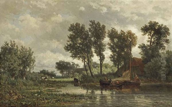 A Polder Landscape With A Vessel Near A Farm Oil Painting by Jan Willem Van Borselen