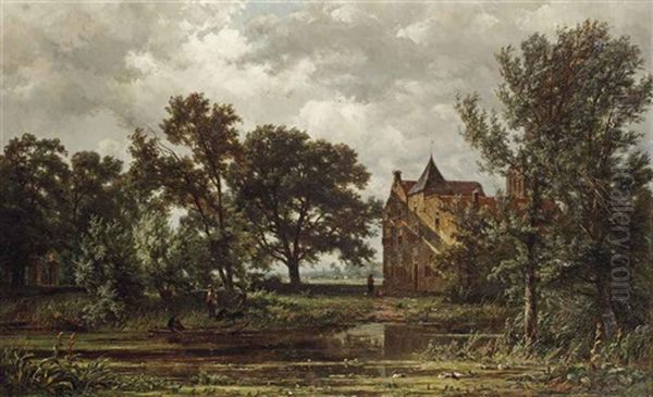 Figures By The Manor House S Heeraartsberg, Bergambacht (with Preliminary Study; 2 Works) Oil Painting by Jan Willem Van Borselen