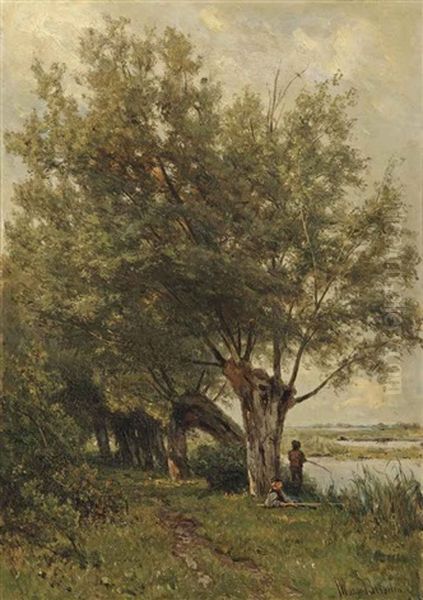 Fishing Under The Willows Oil Painting by Jan Willem Van Borselen