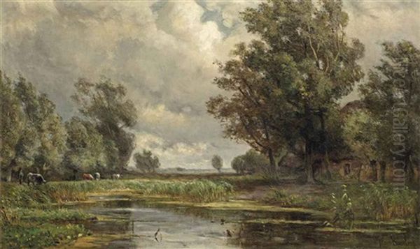 A Farmer And Cattle By A Pond Oil Painting by Jan Willem Van Borselen