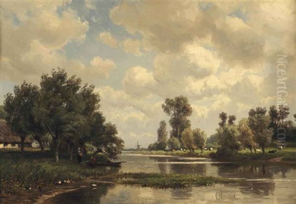 Loading A Boat On A Riverbank Near A Farm Oil Painting by Jan Willem Van Borselen