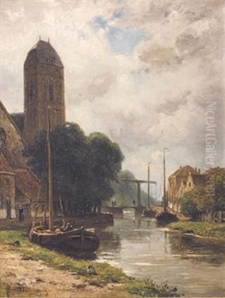 A Canal Scene Oil Painting by Jan Willem Van Borselen