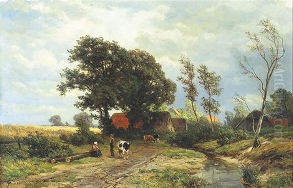 Koeienhoeders Op Een Veldweg Nabij Een Dorp Oil Painting by Jan Willem Van Borselen