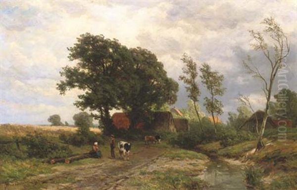 Farmers On A Path Near A Village Oil Painting by Jan Willem Van Borselen