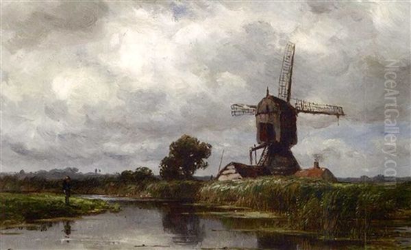 An Angler Near A Windmill Oil Painting by Jan Willem Van Borselen