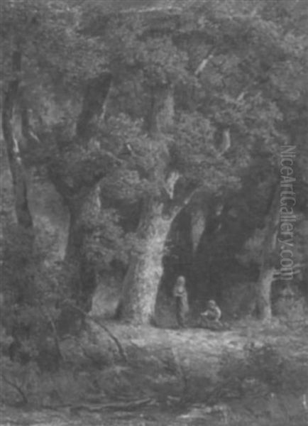 Faggot Gatherers In A Woodland Clearing Oil Painting by Jan Willem Van Borselen