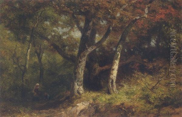 Gathering Wood In The Forest Oil Painting by Jan Willem Van Borselen