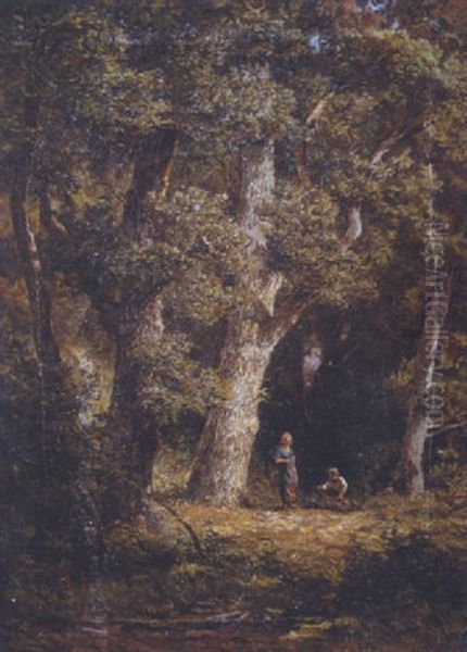 Faggot Gatherers In A Woodland Clearing Oil Painting by Jan Willem Van Borselen