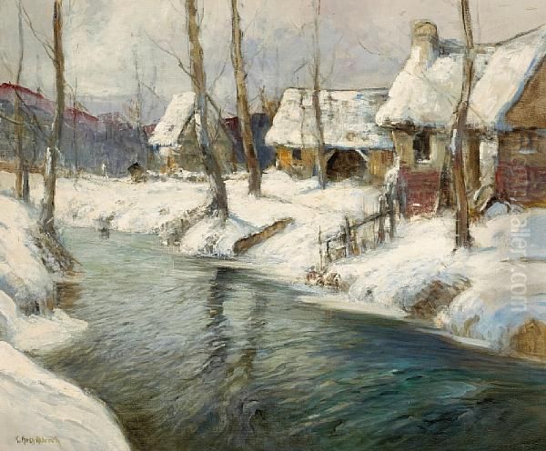 A Village By A River In Winter Oil Painting by George Ames Aldrich