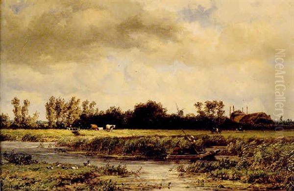 Punt On A River With Cattle And Houses Beyond Oil Painting by Jan Willem Van Borselen