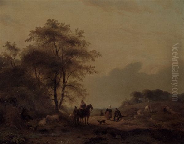 A Summer Landscape With Travellers On A Sandy Track Oil Painting by Jan Willem Van Borselen