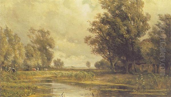 Landscape With Cows In The Distance Oil Painting by Jan Willem Van Borselen