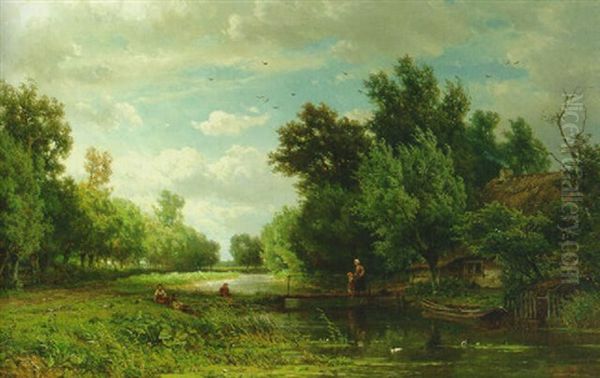 Geldersch Landschap: Young Anglers On A Riverbank With A Cottage Nearby Oil Painting by Jan Willem Van Borselen