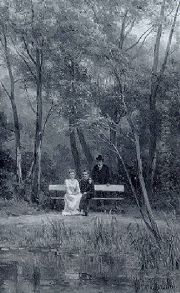 An Elegant Couple Seated On A Bench In A Park With An Attendant Standing Nearby Oil Painting by Jan Willem Van Borselen