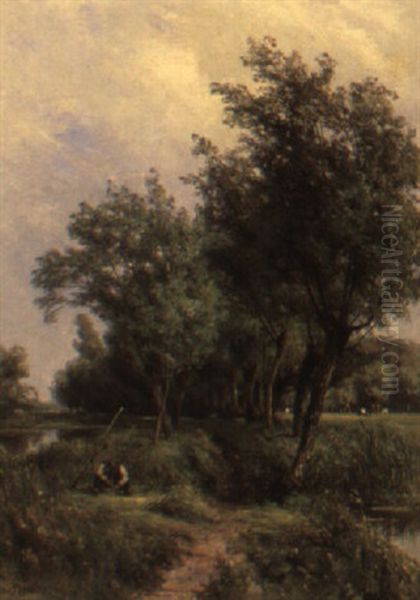 A Figure In A Summer Landscape Oil Painting by Jan Willem Van Borselen