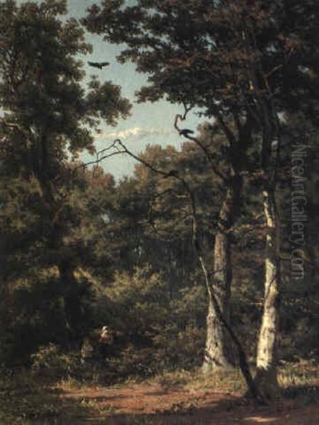 Faggot Gatherers In A Forest Clearing Oil Painting by Jan Willem Van Borselen