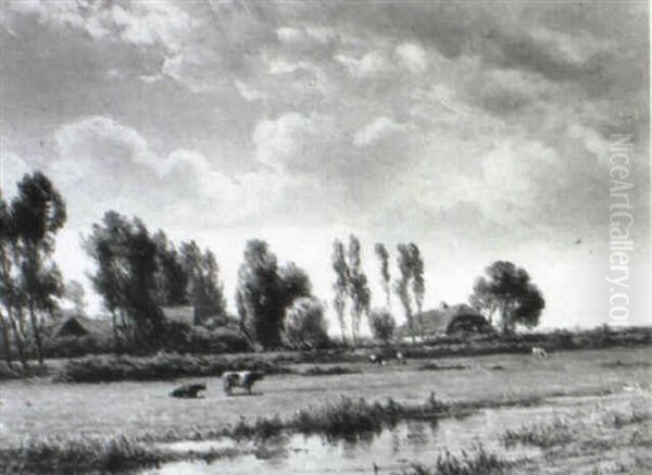 Cows In A Polder Landscape Oil Painting by Jan Willem Van Borselen