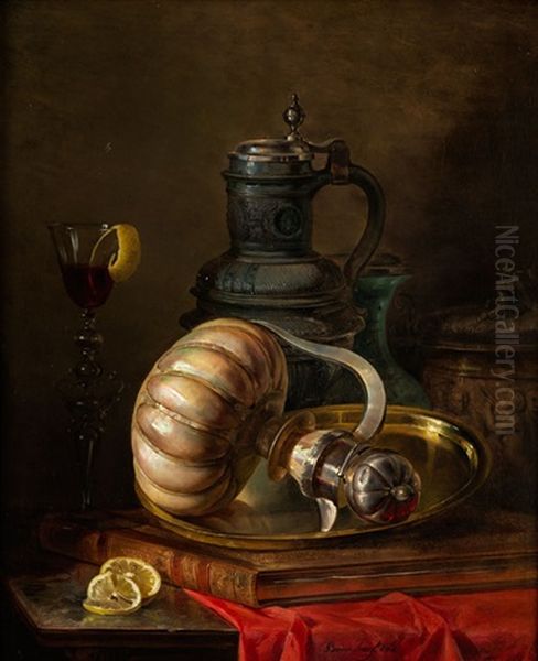 Stillleben Mit Weinglas, Godroniertem Krug Und Steinzeugkrugen Oil Painting by Jozsef Borsos