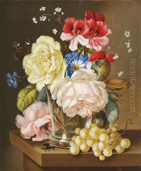 Flower Still-life With Butterfly Oil Painting by Jozsef Borsos