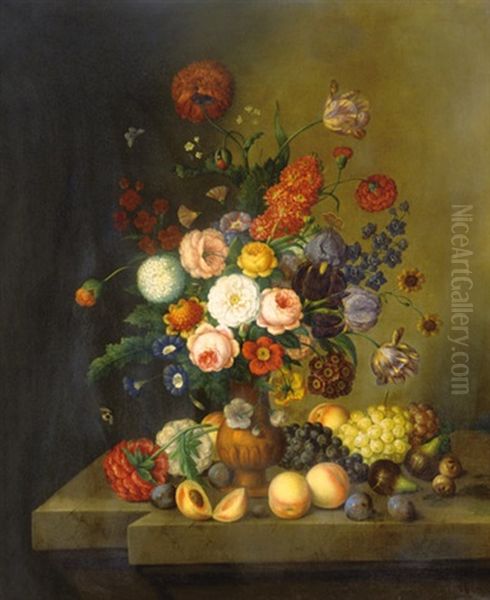 Flower- And Fruit Still Life Oil Painting by Jozsef Borsos