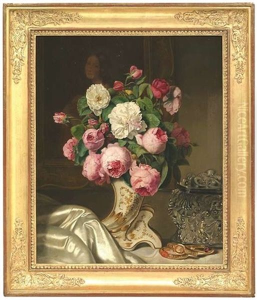 Stilleben Mit Rosa Und Weisen Rosen, Schmuckschatulle Und Armreifen Oil Painting by Jozsef Borsos