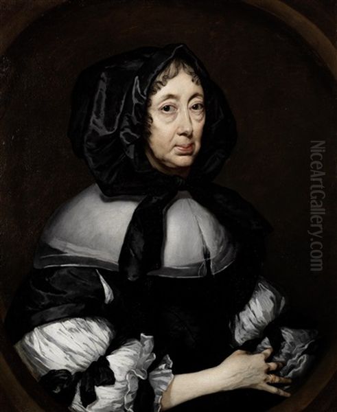 Portrait Of Catherine, Lady Hoby Of Bisham Abbey, Half-length, In A Black And White Dress And A Black Silk Bonnet, Within A Painted Oval Oil Painting by Pieter Borsseler