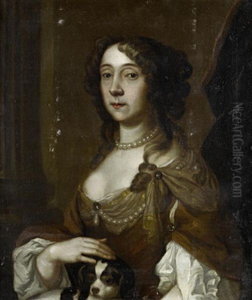 Portrait Of A Lady In A Brown Dress And A White Chemise, With Her Dog Oil Painting by Pieter Borsseler