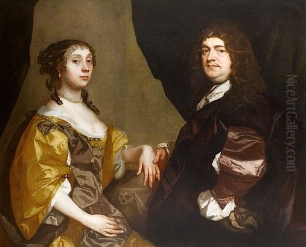 Portrait Of A Gentleman And His Wife He Wearing A Brown Tunic And Cloak And She Wearing A Yellow Satin Dress Oil Painting by Pieter Borsseler