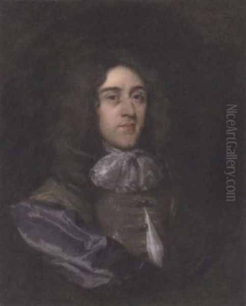 Portrait Of A Gentleman In A Grey Coat, Blue Robe, And Lace Cravat Oil Painting by Pieter Borsseler