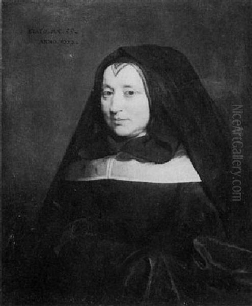 A Portrait Of A Woman Wearing A Black Dress With Linen      Collar, Her Head Covered By A Black Cape And Lace Bonnet Oil Painting by Pieter Borsseler