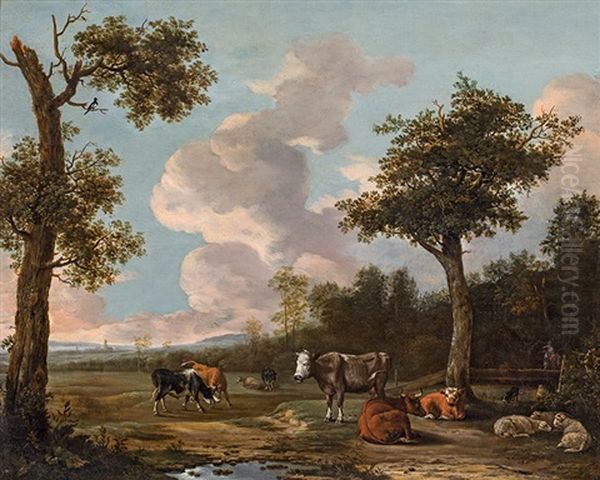 Cattle In The Fields Oil Painting by Anthonie Van Borssom