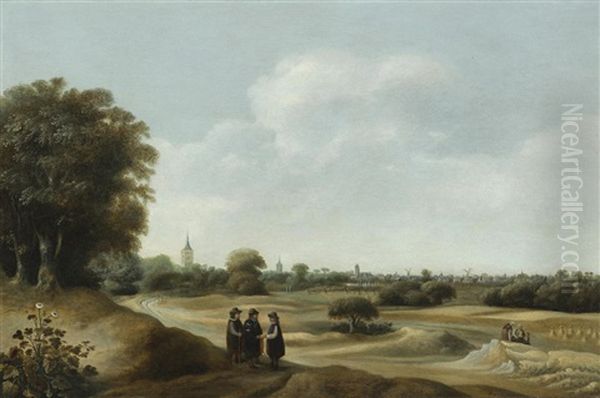 An Extensive Wooded Landscape With Figures On A Path In The Foreground Oil Painting by Anthonie Van Borssom