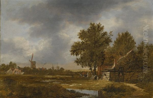 A Haarlem Landscape With Figures Working In The Bleaching Fields, A Village And Windmills Beyond Oil Painting by Anthonie Van Borssom