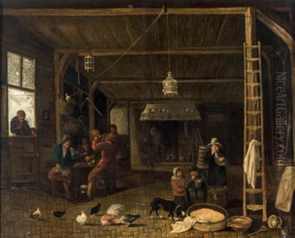 Interior De Taberna Con Chimenea, Gallinas Y Perro Oil Painting by Anthonie Van Borssom