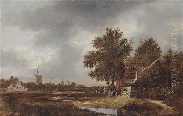 A Haarlem Landscape With Figures Working In The Bleeching Fields, A Village And Windmills Beyond Oil Painting by Anthonie Van Borssom