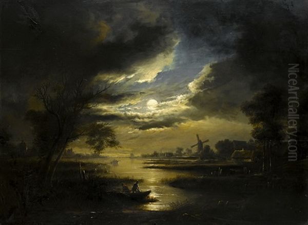 Flusslandschaft Bei Mondschein Oil Painting by Anthonie Van Borssom