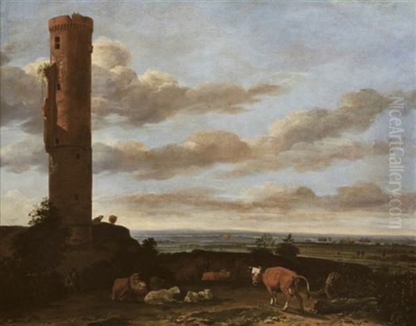 A Shepherd With Cattle And Sheep By A Tower In A Landscape Oil Painting by Anthonie Van Borssom