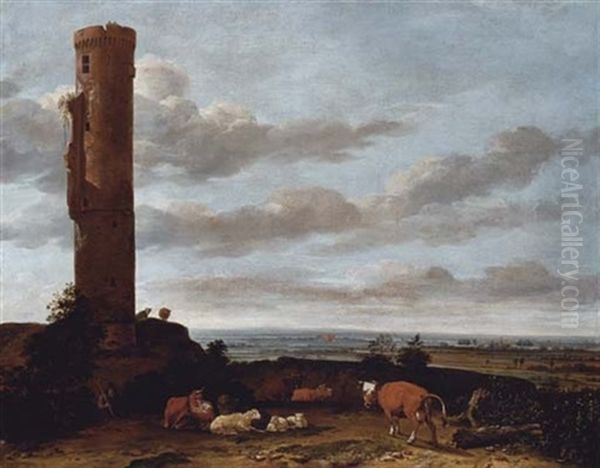 A Shepherd With Cattle And Sheep By A Tower, In A Panoramic Landscape Oil Painting by Anthonie Van Borssom