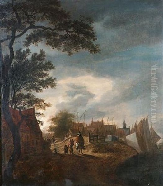 A Horseman Riding Through A Village At Dusk Oil Painting by Anthonie Van Borssom