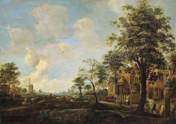 Weite Landschaft Mit Einem Gutshof, Bauern Und Einer Herde Oil Painting by Anthonie Van Borssom