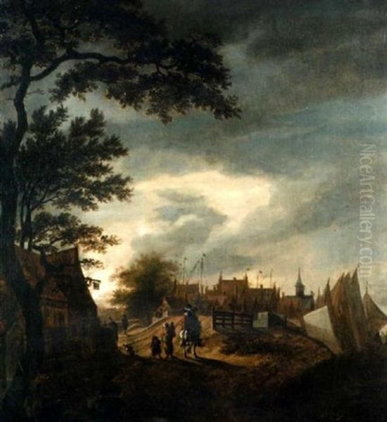 A Horseman Riding Through A Village At Dusk Oil Painting by Anthonie Van Borssom