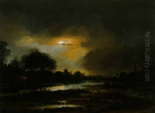 Weite Flusslandschaft Bei Mondschein Oil Painting by Anthonie Van Borssom