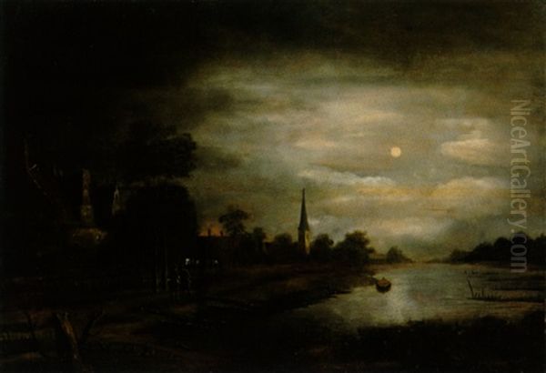 Hollandische Nachtlandschaft Bei Mondschein Oil Painting by Anthonie Van Borssom