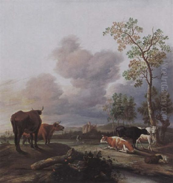 A Landscape With Cows And Sheep Resting Under A Tree, A Huntsmen And His Dogs Nearby, A Ruined Castle And Mountains Beyond Oil Painting by Anthonie Van Borssom