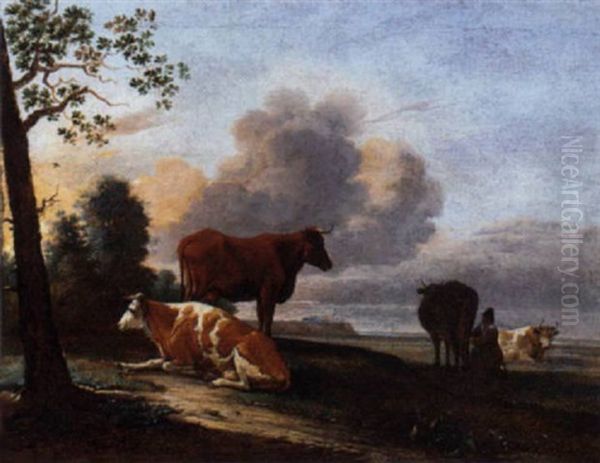 A Landscape With Cattle And A Milkmaid Near A Path Oil Painting by Anthonie Van Borssom