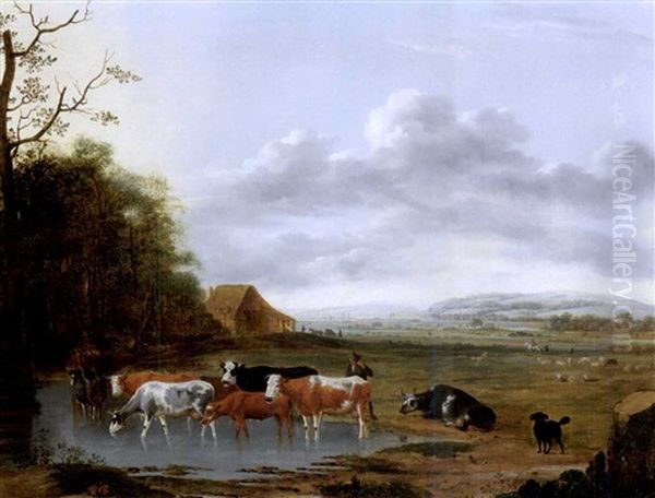 An Extensive Landscape With A Herdsman And Cattle Watering In The Foreground Oil Painting by Anthonie Van Borssom